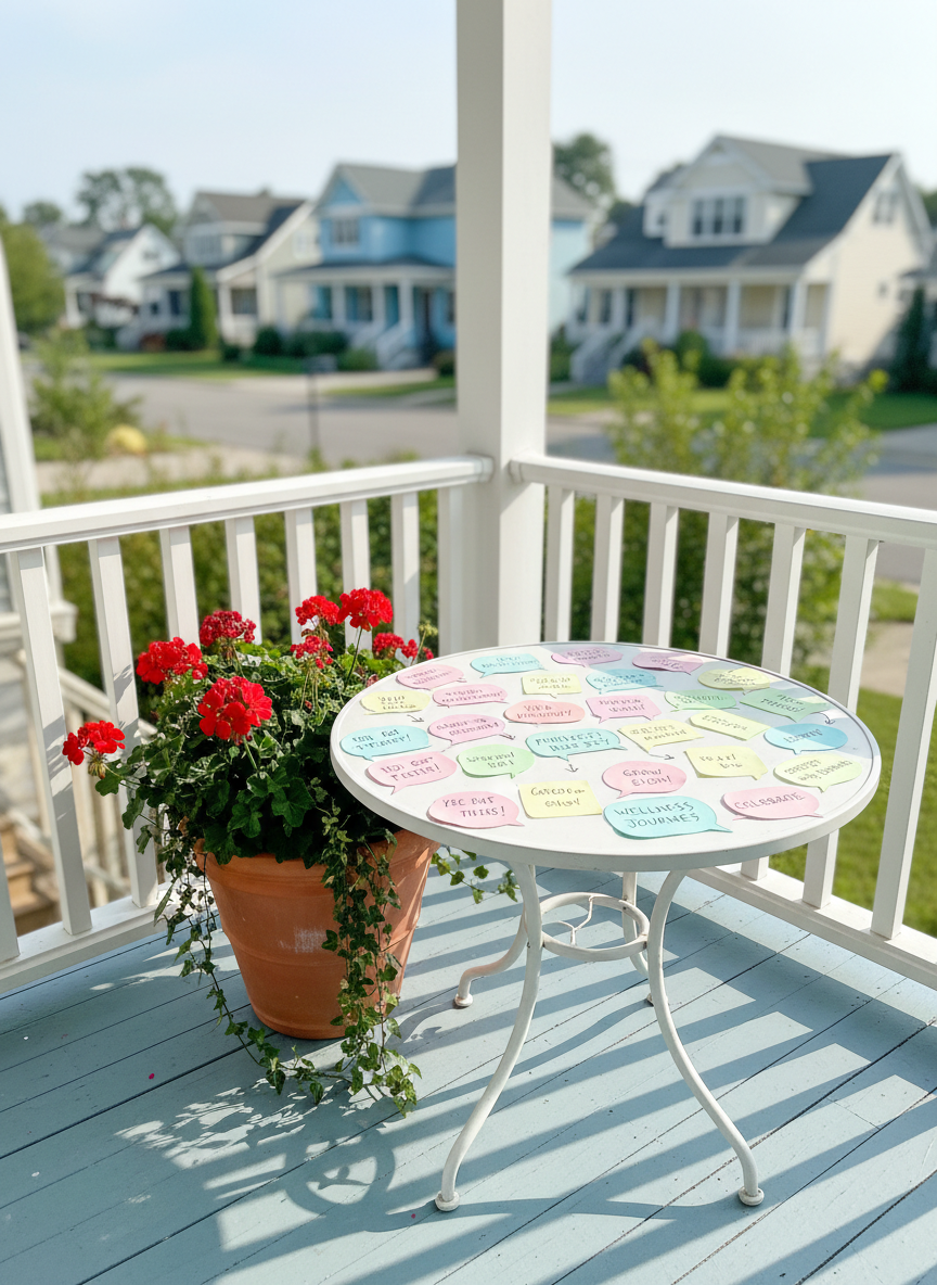 A tidy, sunlit corner of a wraparound porch featuring a small, circular white bistro table covered in sticky notes shaped like pastel speech bubbles, each with playful, handwritten affirmations and doodled arrows connecting ideas. A plump, rounded planter overflowing with vivid geraniums and trailing ivy sits beside the table, adding bursts of red and deep green. Soft morning light streams through the porch railing, creating rhythmic stripes of light and shadow on the painted floorboards. The composition uses the rule of thirds from a slightly elevated angle, with sharp focus on the clustered notes and a gentle bokeh on distant, cheerful houses. The atmosphere is energetic and organized-yet-playful, in bright photographic realism, visually representing brainstorming, planning, and self-improvement in a friendly community space.