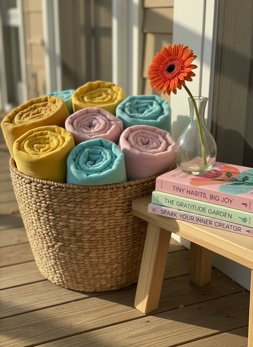 An inviting porch nook styled as a ‘self-care station’: a rounded wicker basket overflowing with colorful, neatly rolled blankets in sunny yellows, soft pinks, and teal blues, positioned beside a low wooden stool that holds a stack of vibrant paperback books with whimsical, illustrated covers on habits, gratitude, and creativity. A small, curvy glass vase with a single oversized gerbera daisy adds a focal pop of color. Golden hour light pours in from the left, creating soft, glowing highlights on the glass and gentle shadows behind the objects. Shot from a slightly low, three-quarter angle in photographic realism, the composition emphasizes cozy abundance and approachable growth, with bright hues and soft forms creating a playful, uplifting atmosphere perfect for a self-improvement blog.